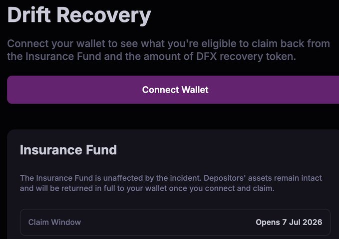 The image shows a "Drift Recovery" webpage from VelocityDEX (formerly Drift), featuring a "Connect Wallet" button and an "Insurance Fund" section stating that depositors' assets remain intact and can be claimed back, with a "Claim Window" that opens on 7 July 2026. This directly aligns with the post by highlighting the newly launched claims process for users affected by the April exploit.