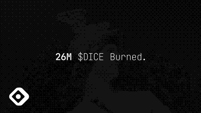 A dark pixelated graphic displays the text "26M $DICE Burned." in white, accompanied by a diamond-shaped logo in the lower left corner, visually reinforcing the post's announcement that 26 million $DICE tokens have been permanently burned to reduce supply.