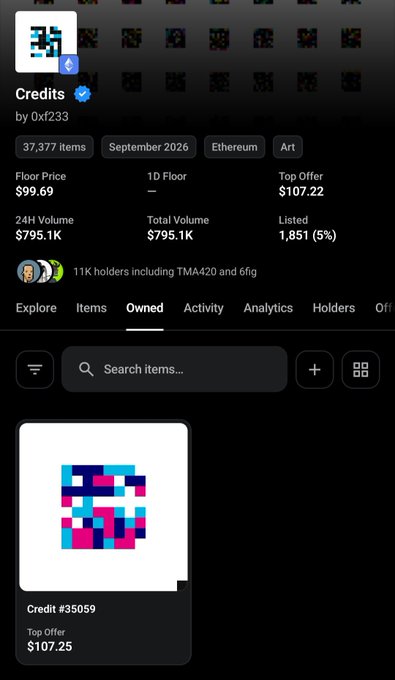 Mobile screenshot of an NFT collection called 'Credits' by 0xf233 on Ethereum, showing 37,377 items, a floor price of $99.69, 24H volume of $795.1K, and featuring Credit #35059 with a top offer of $107.25.