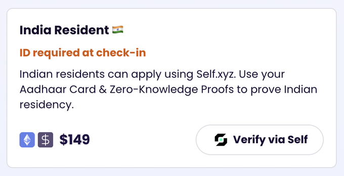 A pricing or verification card for 'India Resident' showing a price of '$149' and an option to 'Verify via Self' using an Aadhaar Card & Zero-Knowledge Proofs.