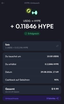 A mobile screenshot of a successful HYPE token swap showing USDG to HYPE conversion of +0.11846 HYPE, with a transaction dated 29.08.2026.