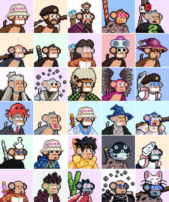 A grid of pixel art monkey characters styled as various anime and pop culture figures, some labeled 'CHIMP' or 'ELF'.