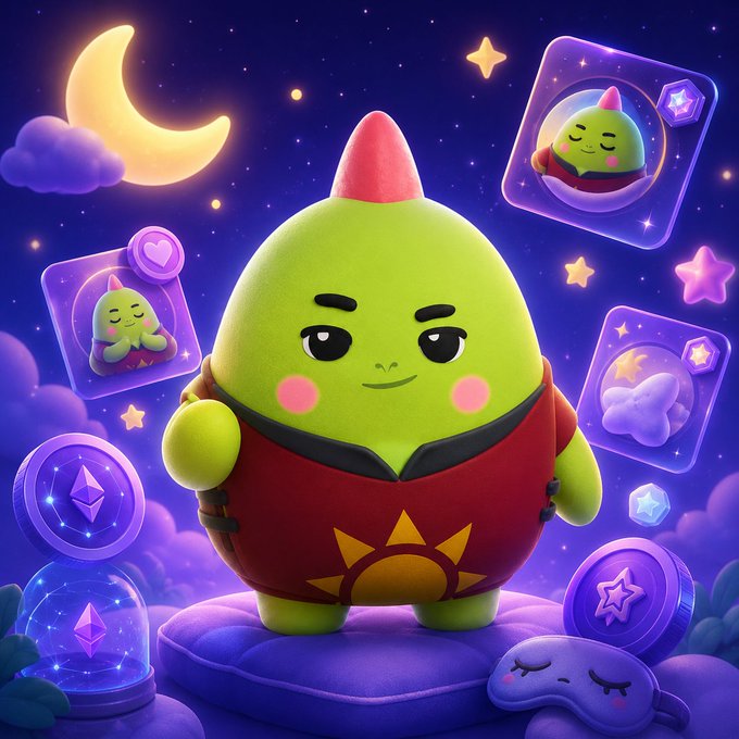 A grumpy green dinosaur-like character wearing a red outfit with a sun emblem stands on a purple cushion against a starry night sky with a crescent moon, surrounded by glowing game cards and floating crystal tokens featuring its likeness. The image visually represents the post's point about Sleepagotchi's "Dino Gotchi" character having IP retention potential, as the floating cards and collectible tokens showcase how the mascot can be reused across various in-app features like quests and rewards rather than fading after a price chart cycle.