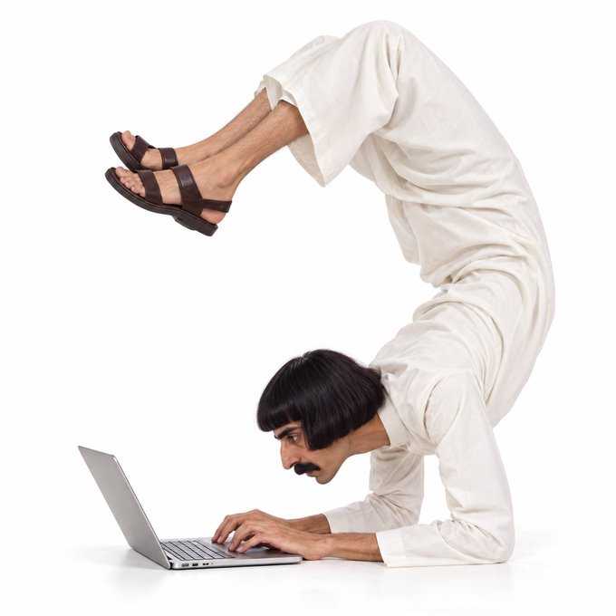 A man with a mustache and a black bowl-cut wig stands on his hands in an inverted pose, typing on a laptop keyboard.