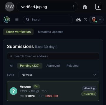 A Jupiter Aggregator (jup.ag) token verification dashboard shows a pending submission for "$Ansem" (F23G...c18B) with a $182K market cap, $3.53K net, and 750d age, marked "Express" — directly matching the user's post about submitting their token for verification despite an identical ticker conflict.