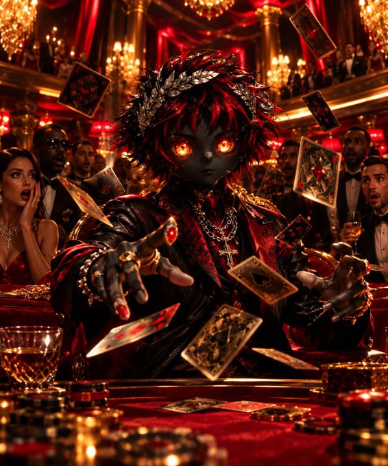 A digital artwork depicting a dark-haired anime-style character with glowing red eyes, dressed in ornate black and red clothing, surrounded by floating playing cards and a crowd of onlookers at a casino table.