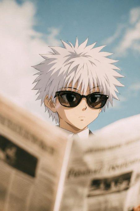 An anime-style illustration of a white-haired character wearing black sunglasses, reading a newspaper against a bright blue sky with clouds.
