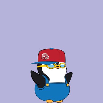 Cartoon penguin character on a purple background, wearing a red cap with a globe logo, round glasses, and blue overalls.