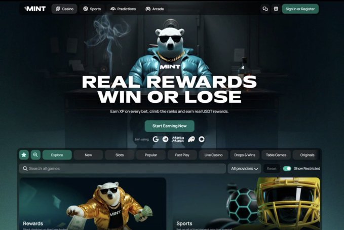 The image shows the homepage of PlayOnMint, featuring a "REAL REWARDS WIN OR LOSE" promotion with an XP-based ranking system, alongside casino, sports, and arcade categories. The accompanying text highlights how Mint combines sports, prediction markets, and games while rewarding users with XP and leaderboard progression—directly reflecting the platform's gamified, multi-feature approach shown in the screenshot.