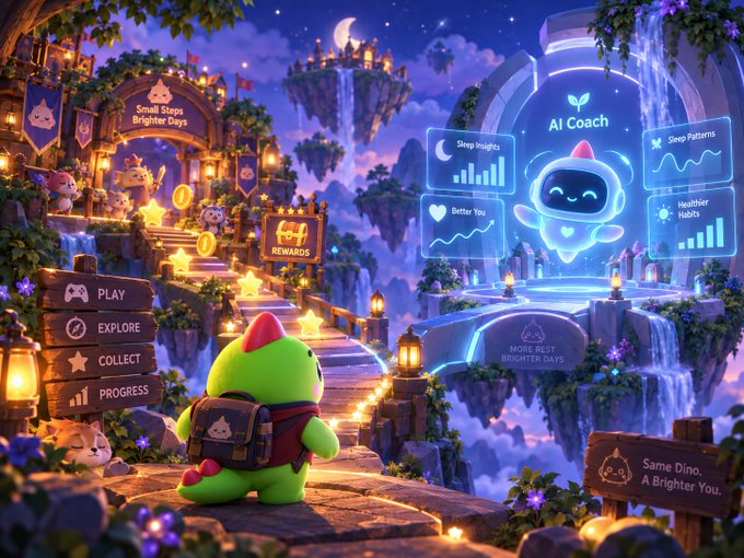 A colorful 3D-rendered game interface featuring a green dinosaur character with a backpack looking toward an 'AI Coach' panel displaying sleep and health metrics.