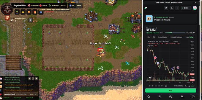 A screenshot displays the MMORPG game 'Fravin' showing a top-down view of a character farming a plot of land, alongside a trading interface panel for 'Kingzara' (KING/USD) showing a price of $7.99M and a downward-trending chart.