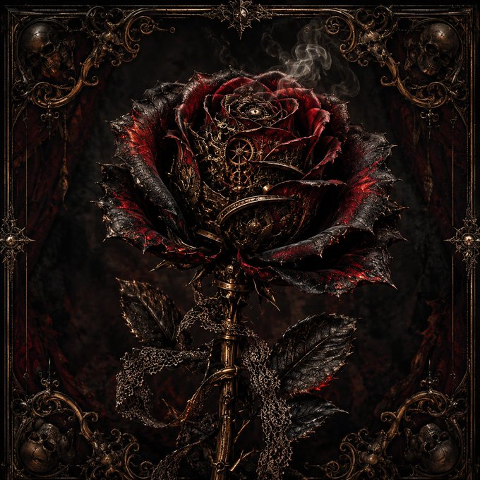 A dark gothic artwork featuring a black and red rose with intricate mechanical gear details in its center, set against an ornate frame decorated with skulls.