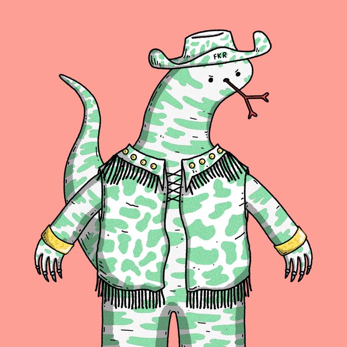 An illustration of a green and white patterned dinosaur character wearing a cowboy hat labeled 'FKR', a fringed vest, and holding a stick in its mouth, set against a pink background.