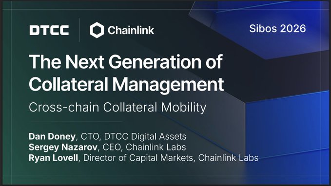 A presentation slide titled 'The Next Generation of Collateral Management' with subtitle 'Cross-chain Collateral Mobility' features logos for DTCC and Chainlink, mentioning Sibos 2026 and listing speakers Dan Doney, Sergey Nazarov, and Ryan Lovell.