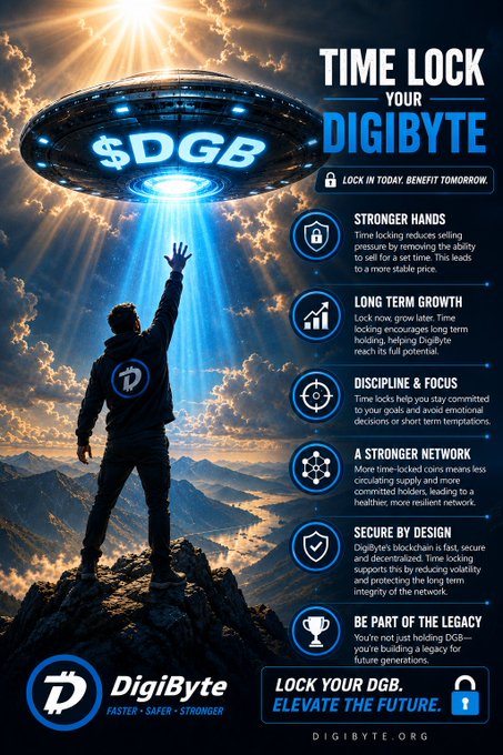 A promotional poster for DigiByte featuring a figure on a mountain reaching up to a UFO labeled '$DGB' with text reading 'TIME LOCK YOUR DIGIBYTE - LOCK IN TODAY. BENEFIT TOMORROW.' and six benefit points: Stronger Hands, Long Term Growth, Discipline & Focus, A Stronger Network, Secure by Design, and Be Part of the Legacy.