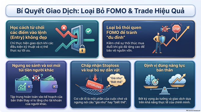 A Vietnamese infographic titled 'Bí Quyết Giao Dịch: Loại Bỏ FOMO & Trade Hiệu Quả' showing five trading tips with illustrations about avoiding FOMO, stoploss, and self-awareness.