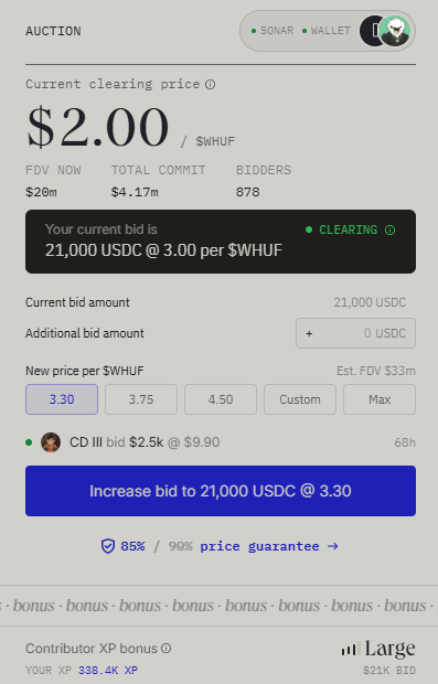 A screenshot of the $WHUF token auction on Sonar Wallet showing a current clearing price of $2.00 per $WHUF with a total commitment of $4.17m from 878 bidders, while the user has a clearing bid of 21,000 USDC at $3.00 and is increasing it to $3.30 per $WHUF, corresponding to the post about jumping into the $WHUF presale using the 85% price guarantee.