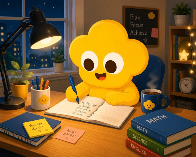 A cheerful cartoon cloud character sits at a desk writing in a to-do list notebook, surrounded by motivational sticky notes, textbooks labeled 'MATH', 'SCIENCE', and 'ENGLISH', a chalkboard reading 'Plan Focus Achieve', and a cozy nighttime study setup.