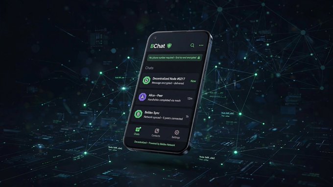A 3D rendered smartphone displays the 'BChat' messaging app interface with chats including 'Decentralized Node #0297', 'Alice - Peer', and 'Boidle Sync', floating in a digital network environment with connected nodes.