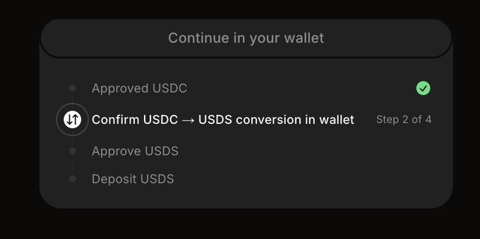A dark-themed wallet confirmation modal showing a 4-step transaction flow: 'Approved USDC' is complete (Step 1), with the user currently on 'Step 2 of 4' to 'Confirm USDC → USDS conversion in wallet', followed by 'Approve USDS' and 'Deposit USDS'.