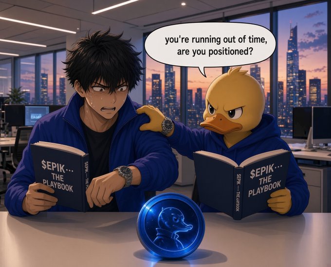 An anime-style illustration of a stressed young man and an anthropomorphic yellow duck in blue hoodies, both reading books titled 'SEPIK... THE PLAYBOOK', with the duck asking 'you're running out of time, are you positioned?'.