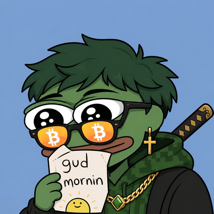 An illustration of Pepe the Frog styled with green spiky hair, wearing orange Bitcoin-themed sunglasses and a cross earring, while holding a paper that reads 'gud mornin' next to a smiling sun.