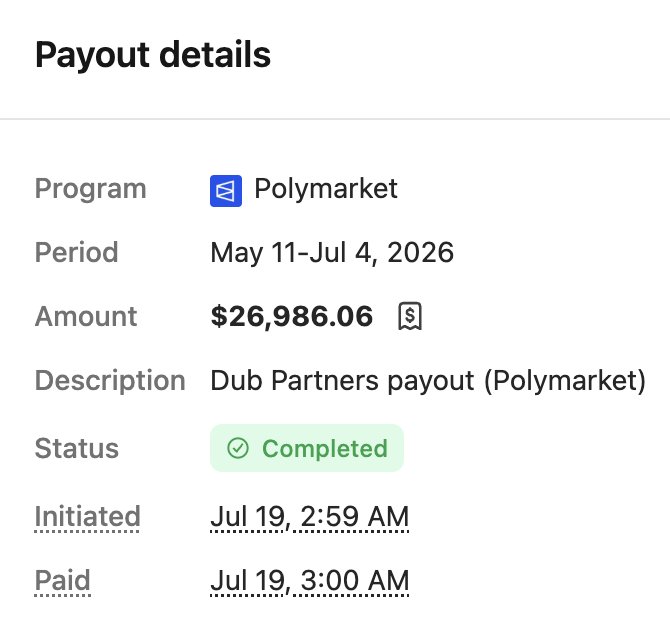 A payment confirmation screenshot showing a Polymarket payout of $26,986.06 for the period May 11-Jul 4, 2026, marked as completed on Jul 19.