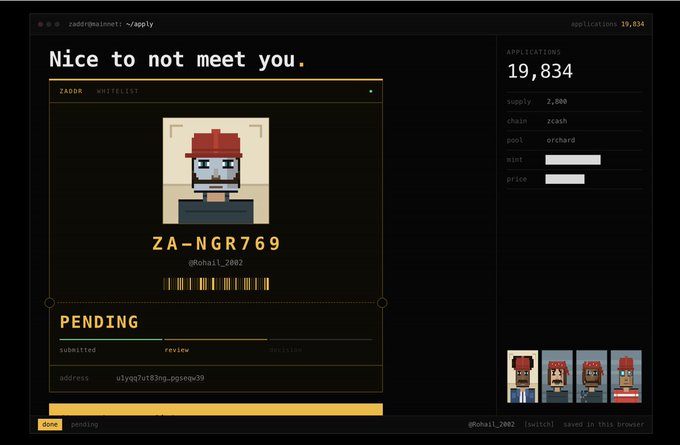 A webpage from zadra0psalm1 showing a pending whitelist application for 'ZA-NGR769' with 19,834 total applications, displaying a pixel art avatar and ZADRA WHITELIST branding.