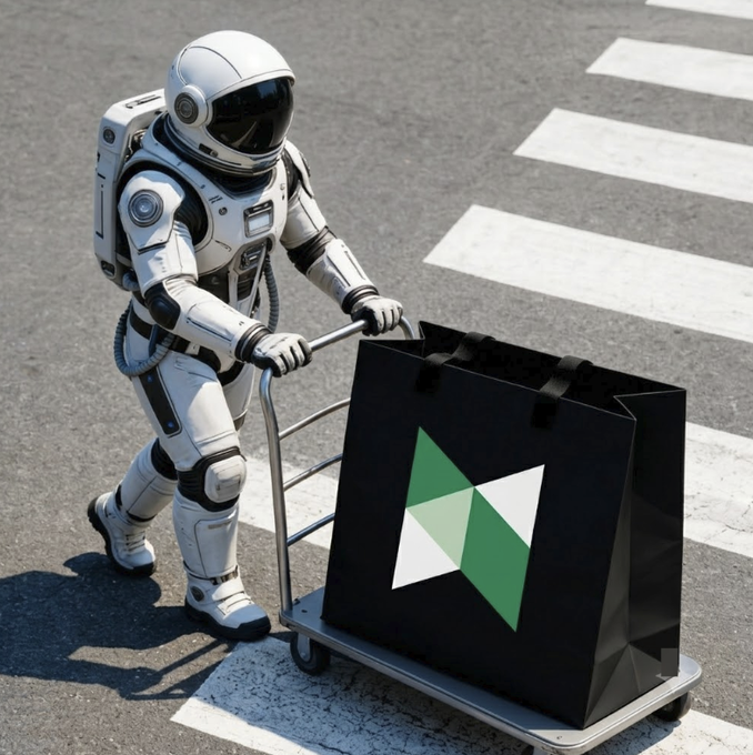 An astronaut pushes a cart carrying a black shopping bag emblazoned with a green and white diamond logo across a crosswalk, visually answering the "GM" post by representing the GM (good morning) meme with the bag symbolizing a crypto token being "loaded" ahead of a bull run.