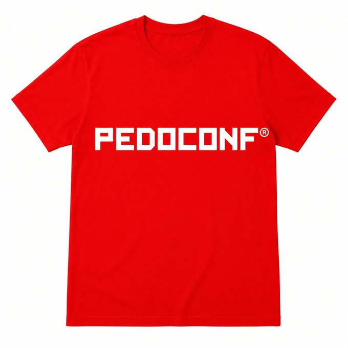 A red t-shirt with the white text 'PEDOCONF®' printed across the chest.
