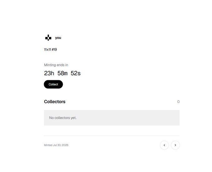 A digital collectible minting page for '11x11 #19' with 23h 58m 52s remaining, showing 'Collect' button and 'No collectors yet' as of Jul 30, 2026.