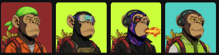 Four colorful cartoon monkey avatars are displayed side by side, each with distinct outfits including a green bandana, goggles, and various accessories.