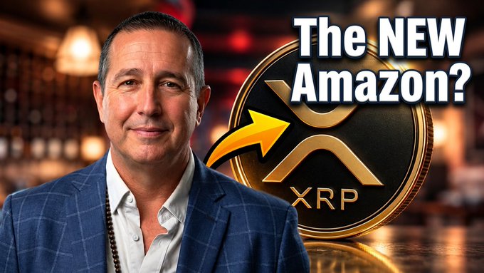 A promotional-style image features a suited man beside an XRP coin graphic with the large text “The NEW Amazon?” and an arrow pointing toward XRP.