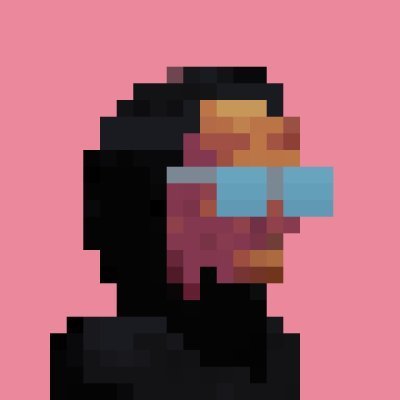 A pixel art profile illustration of a person with dark hair wearing blue rectangular sunglasses, set against a solid pink background.