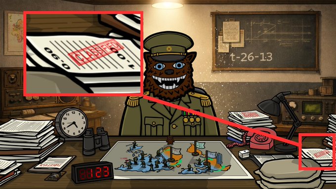 An illustration of a cartoon bear dressed as a Soviet military officer sitting at a desk, with red circles highlighting stacks of classified documents and a 'CLASSIFIED' stamp.