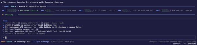 A terminal screenshot showing a Linux boot sequence with tasks completed by RPi 5 (Raspberry Pi 5), displaying system messages like "Agent Swarm Wave-4 OS deep dive agents" and warnings about pending Raspberry Pi OS updates, relating to the pi.dev post about Raspberry Pi development.