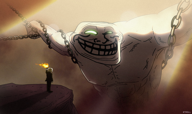 An illustration showing a Trollface character chained up as a giant figure with a small person holding a torch standing before it, signed by the artist TROLL.
