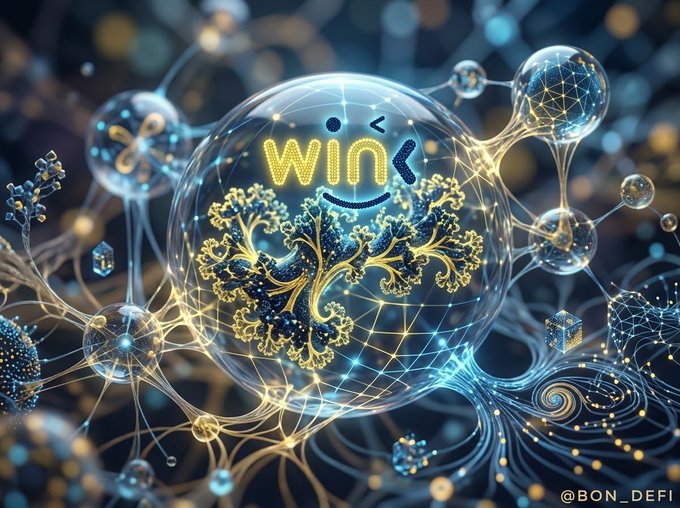 A digital artwork features a glowing glass sphere containing a golden fractal tree design and a smiley face that spells 'WIN' in light dots, with the watermark '@BON_DEFI' visible.
