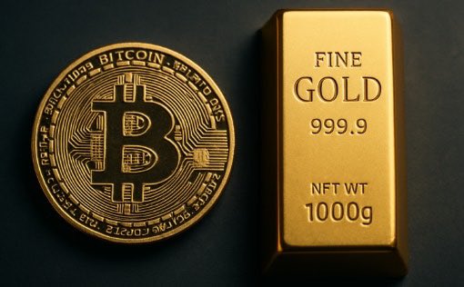 A physical Bitcoin coin placed next to a 1000g gold bar labeled 'FINE GOLD 999.9' against a dark background.