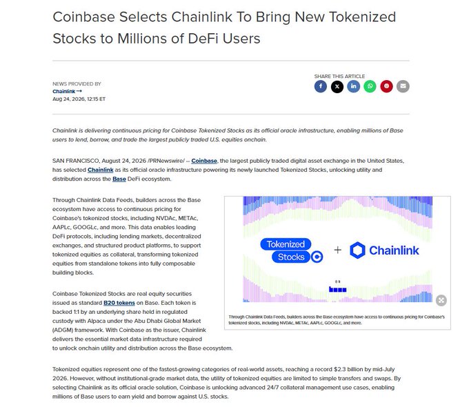 A news article headline reading 'Coinbase Selects Chainlink To Bring New Tokenized Stocks to Millions of DeFi Users,' discussing Chainlink's role as oracle infrastructure for Coinbase Tokenized Stocks on the Base ecosystem, including assets like NVDA, META, AAPL, and GOOGL.