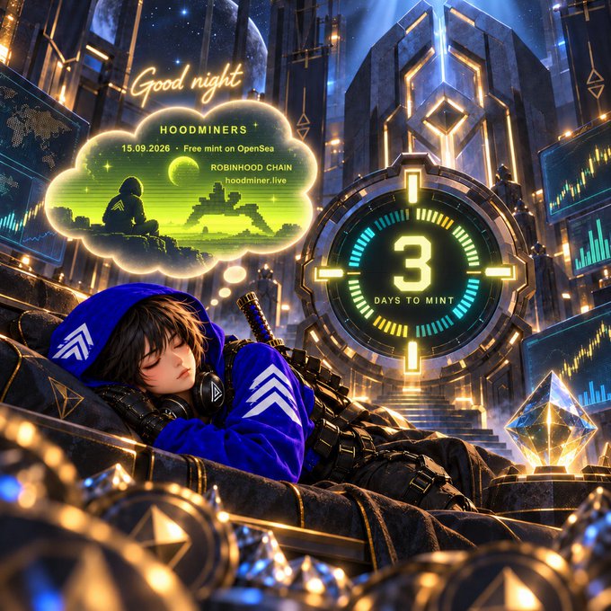A promotional graphic announces 'HOODMINERS' minting in '3 DAYS TO MINT' on 'OpenSea' for 'ROBINHOOD CHAIN' on '15.09.2026', featuring an anime-style character in a blue hoodie and sci-fi imagery.