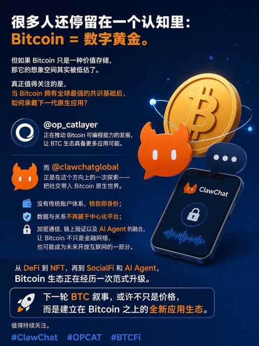 A Chinese-language promotional graphic arguing that Bitcoin = 数字黄金 (Digital Gold) is a limited view, featuring @op_catlayer and @clawchatglobal, and promoting ClawChat, OPCAT, and BTCFi as the next evolution of Bitcoin's ecosystem.