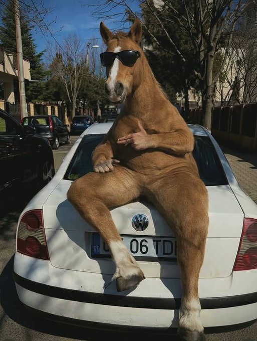 An AI-generated image of a horse wearing sunglasses, sitting on the trunk of a white Volkswagen car with the license plate '06 TDI'.