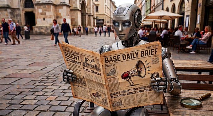 A humanoid robot sits at an outdoor café table reading a newspaper titled "BASE DAILY BRIEF, EDITION 17," featuring headlines like "AGENT ECONOMY" and "Base Stocks," with a magnifying glass beside it—visually playing on the post's message about catching up on daily Base ecosystem updates in a fun, attentive way.