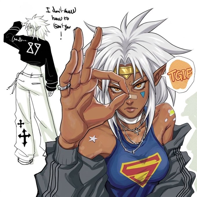 A spiky-haired character with pointed ears, golden eyes, and a bandage on their nose flashes a peace sign while wearing a Superman shirt, captioned "TGIF" in a speech bubble, alongside a smaller sketch in a "89" sweater stating "I don't know how to @m-i-you!" — fitting the casual, celebratory Friday post mood.