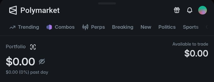 The image shows a Polymarket dashboard with a portfolio balance of $0.00 and $0.00 available to trade, along with navigation tabs for Trending, Combos, Perps, Breaking, New, Politics, and Sports. This directly relates to the post, as the user is about to fund their empty Polymarket portfolio with $5 to begin trading on the platform.