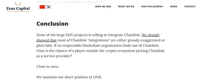 A Zeus Capital report concluding that "None of the large DeFi projects is willing to integrate Chainlink," with the firm maintaining their short position in LINK.