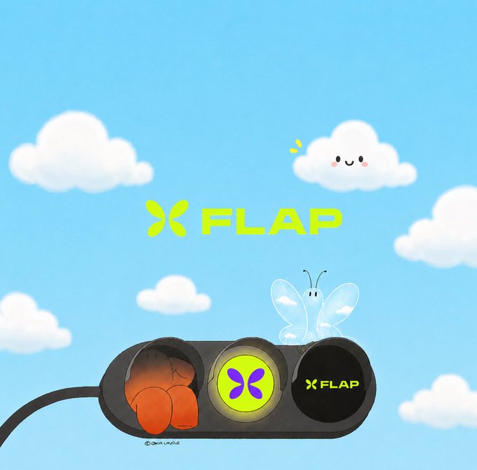 The image features a cartoon traffic light with a butterfly, a bird, and a cloud behind it. The traffic light has three buttons labeled "Flap" and "X-Flap", which are associated with the Flap Chain cryptocurrency. The image also includes text that reads "今天刷到 Flap @flapdotsh @irene_cc06 的更新", suggesting a connection to the cryptocurrency launchpad or an update in the cryptocurrency world.

The post is about a meme related to the cryptocurrency market, featuring a traffic light and various elements from the cryptocurrency scene. The image also includes text that reads "BNB Chain", which could be referring to the Flap Chain cryptocurrency.