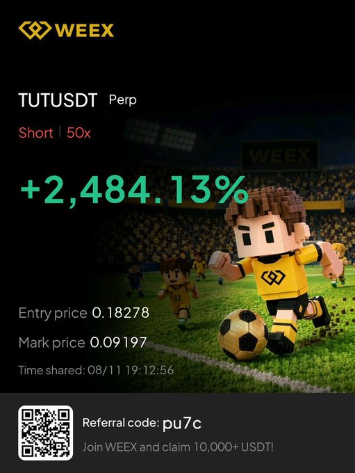 The image shows a WEEX perpetual futures trading advertisement displaying a Short position on TUTUSDT with 50x leverage that gained +2,484.13%, entered at 0.18278 and marked at 0.09197, shared on 08/11 at 19:12:56 alongside a referral code "pu7c" for 10,000+ USDT. The accompanying "#TUT" hashtag relates to the TUT token ticker highlighted in the promotional trade result image.