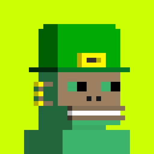 A pixel art character with green skin, a green hat, and glowing green eyes on a yellow-green background.